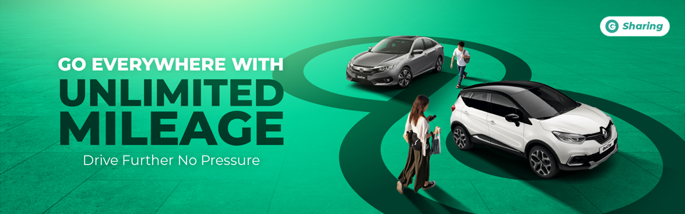 GoCar promotional banner featuring the text Unlimited Mileage for stress-free car sharing and road trips.